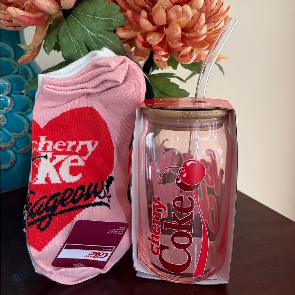 Cherry Coke Double-Walled Glass Tumbler with Straw & Pink Cherry Socks